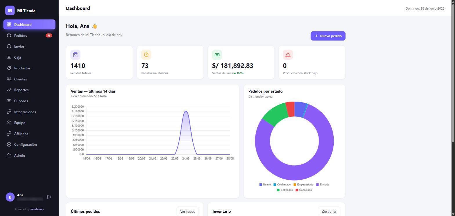 Dashboard del ERP de Vendemas: ventas, pedidos y stock en tiempo real